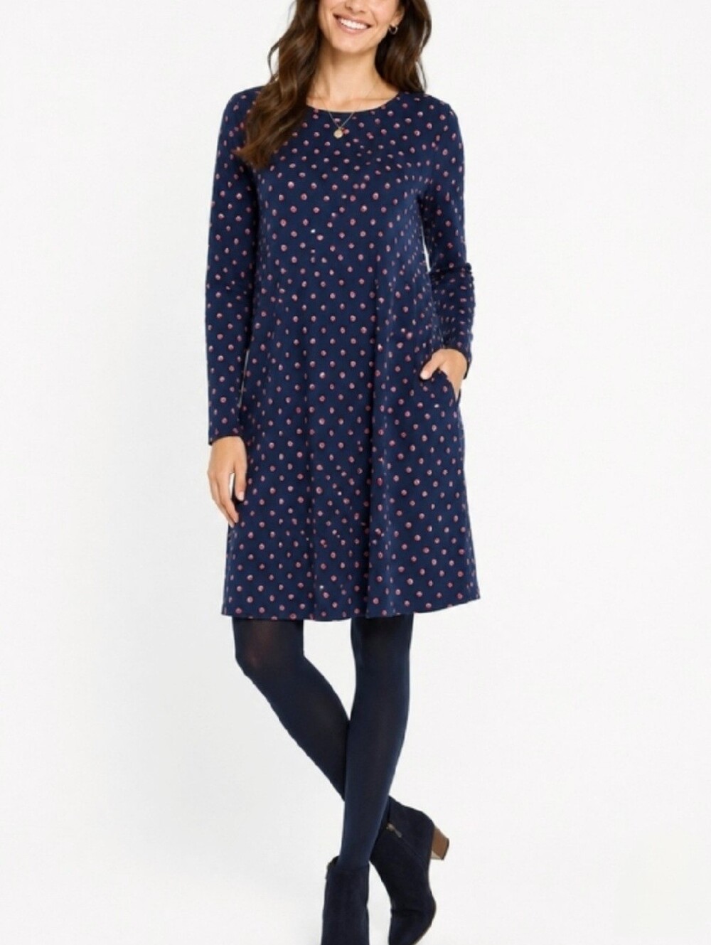 Boden Tunic Dress Long Sleeve Navy Blue Pink Shadow Dot Print Size 4